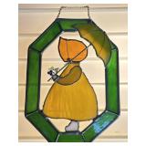 STAINED GLASS PANEL SUN CATCHER GIRL W/ UMBRELLA