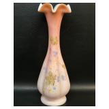 Victorian Art Glass Pink Cased Vase w/ Enamel