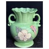 VINTAGE DOUBLE HANDLED GREEN POTTERY VASE W/