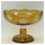 Vintage Amber Cut to Clear Glass Compote Dish ,