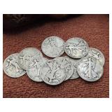 10 - US Silver Walking Liberty Half Dollars