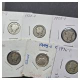 6 SILVER MERCURY DIMES: 1918, 1920 P & D, 1928,