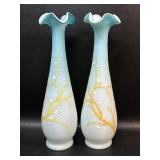 Pair Victorian Style Cased Blue Vases w/ Enamel