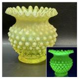 Fenton Topaz Uranium Glass Hobnail Vase 4.5 In.