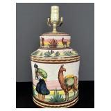 Vintage FCA Peru Folk Art Pottery Lamp w Llamas