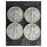 4 WALKING LIBERTY SILVER HALF DOLLARS 1946, 1945,