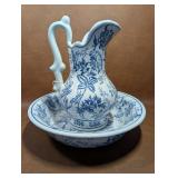 Blue & White Foliage Pattern Wash Basin & Pitcher