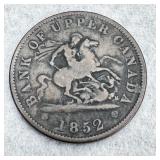 1852 Bank of Upper Canada Bank Token One Penny