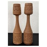 Pair MCM Carved Wood Candlesticks Vintage