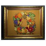 Framed Crewel Embroidery, Fruit, Bird , Butterfly