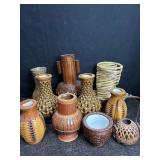 10 WOVEN RATTAN, BAMBOO & OTHER VASES BASKETS