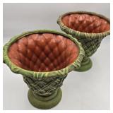 Retro 8" Green Latticed Pottery Planter Pair