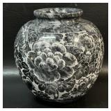 Black / Gray Marble Vase Hand Carved Etched Pot