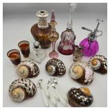 Perfume Bottles, Bell, Lamp, & Polished Shells Lot