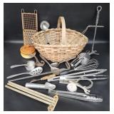 Vtg Kitchen Utensils in Splint Basket Etc