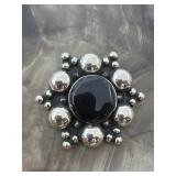 Signed MR Sterling Silver & Onyx Mexico Pendant
