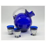 Cambridge Glass Cobalt Blue Lg Ball Pitcher & 3