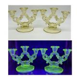 Pair Cambridge Glass Uranium Yellow 3 Lite
