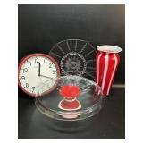 Red & White Cake Stand, Vase & Clock w/ Vintage