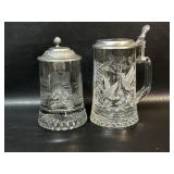 2 Glass Beer Steins w/ Pewter Lids, Etched leaves