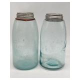 PAIR MASONï¿½S BLUE GLASS CANNING JARS W/ ZINC