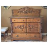 Striking Antique Oak Buffet w/ Protective Glass