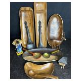 WOOD CARVED SERVING BOWLS, SPOONS & FIGURES.