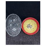 2 SERVING BOWLS CERAMIC ROOSTER & FOOTED CLEAR
