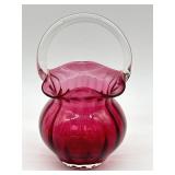 VINTAGE HANDBLOWN CRANBERRY ART GLASS BASKET