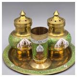 BRASS CLOISONNE  SALT AND PEPPER & TOOTHPICK