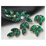 Vintage Emerald Rhinestone Leaf Spray Brooch &