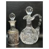 Cut Crystal Antique Cruet & Bottle w/ Silver tone