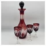 Ruby Red Cut-to-Clear Decanter w/ Cordial Glasses