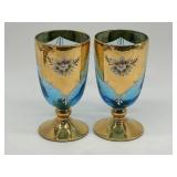 2 Blue & Gold Venetian Goblet Hand Painted