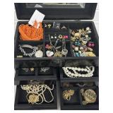 WOOD JEWELRY BOX W/ COSTUME JEWELRY