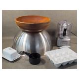 Lg Stainless & Wooden Bowls, Ceramic Egg Tray+