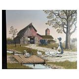 FARM GIRL W/ GEESE IN BARNYARD PRINT ON CANVASS