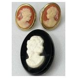 Vintage Faux Cameo Pin & Earrings Costume Jewelry
