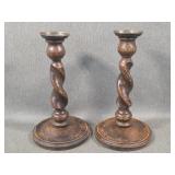Antique English Oak Barley Twist Candlesticks