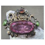 Brass Ornate Antique Style Faceted Stones Brooch