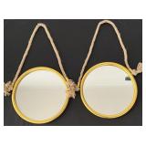 2 Round Gold Metal Mirrors w Rope Hangers
