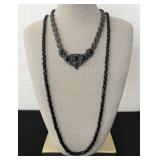 Black Bugle Bead Rope Necklace & Black Rhinestone