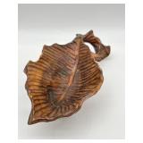 UNIQUE HAND CARVED WOOD LEAF BOWL W/ HANDLE