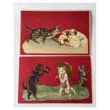 2 Antique Postcards Dogs w/ Cats