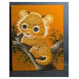 Vintage Baby Leopard Painting on Orange Velvet
