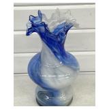 VINTAGE HAND BLOWN ART GLASS VASE BLUE W/ WHITE