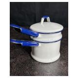 SMALL WHITE & BLUE GRANITEWARE DOUBLE BOILER