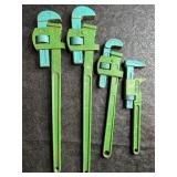 4 IRON PIPE WRENCHES, TWO 24 IN., 18 IN. & 12 IN.