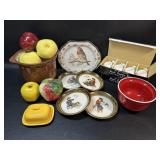 Ceramic Apples in Weller Pot, Duck Napkin Rings ,
