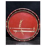 VINTAGE JAPANESE ROUND RED LACQUERED TRAY W/ HAND